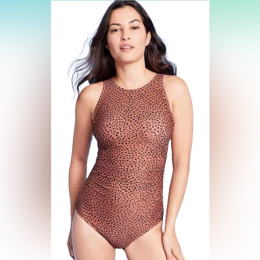 Kona Sol Women's Spotted Print High Neck Ruched Full Coverage One Piece Swimsuit